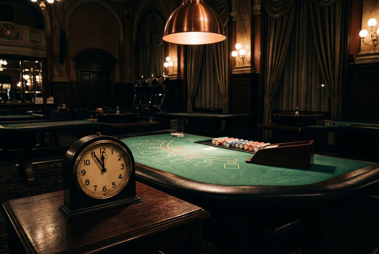 Editorial-Aufnahme eines Spieltischs mit kupferfarbenem Spotlight und einer analogen Uhr auf 23:55, Sinnbild für Casino ohne OASIS um Mitternacht